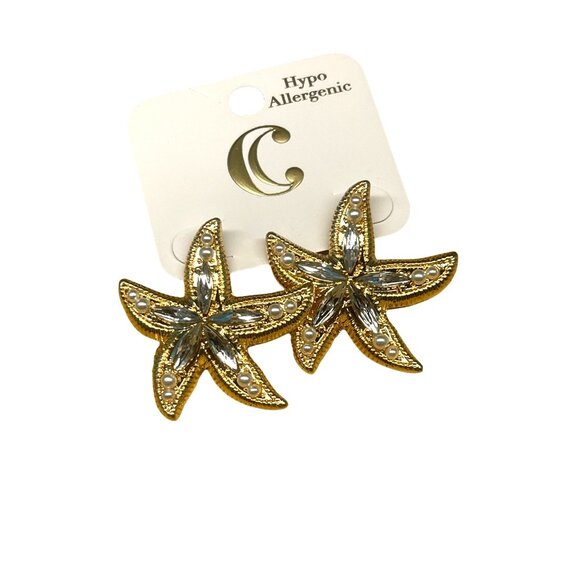 Charming Charlie Starfish Hypoallergenic Earrings Gold Tone With Rhinestones MSR - Picture 3 of 7